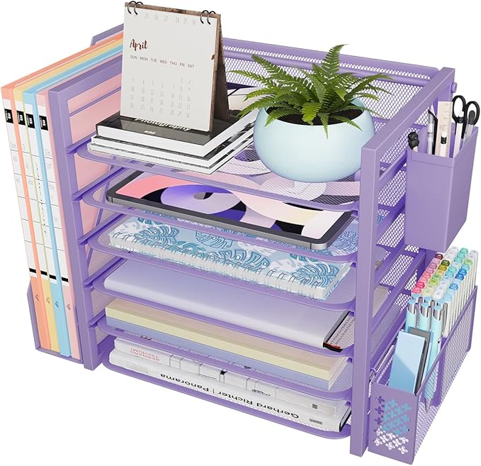 Simple Trending 6 Tier Desk File Organizer, Paper Letter Tray Organizer with File Holder and Pen Container, Purple