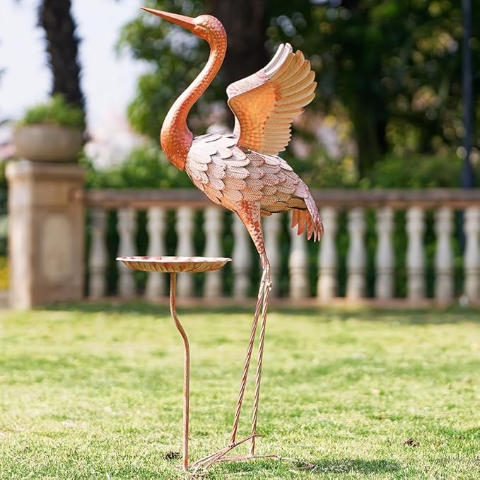 Crane Garden Statue with Birdbath, 40'' Heron Garden Statue, Crane Metal Yard Art for Outside, Backyard, Lawn, Porch Decor