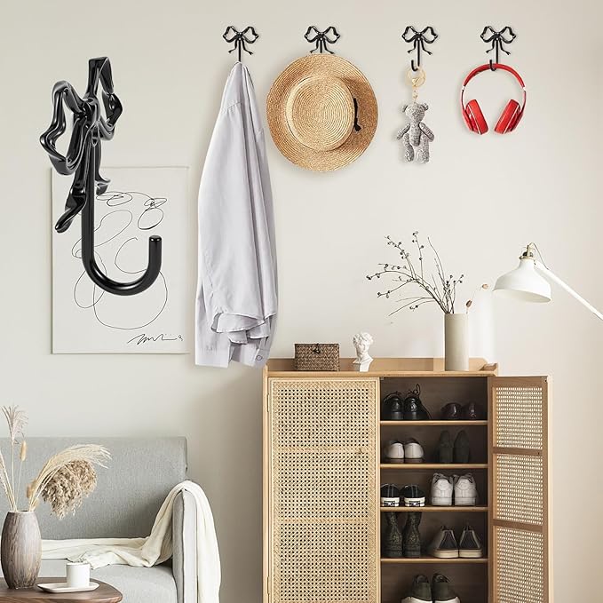 4 PCS Large Size Black Bow Wall Hook, Metal Hooks, Bow Room Decor Hooks
