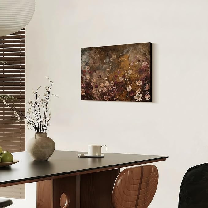 Framed Vintage Wildflower Wall Decor Dark Wildflower Print Country Floral Canvas Painting Nature Botanical Scenery Wall Decor for Farmhouse Living Room or Bedroom 12x16 Inch