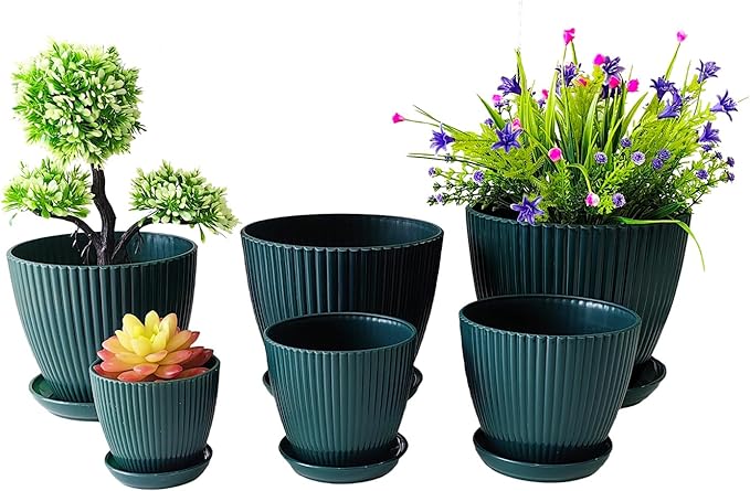 Plant Planters with Drainage Holes and Trays Pack of 6 Plant Pots Indoor and Outdoor Flowers Pots Different Size Plastic Pots, Dark Green