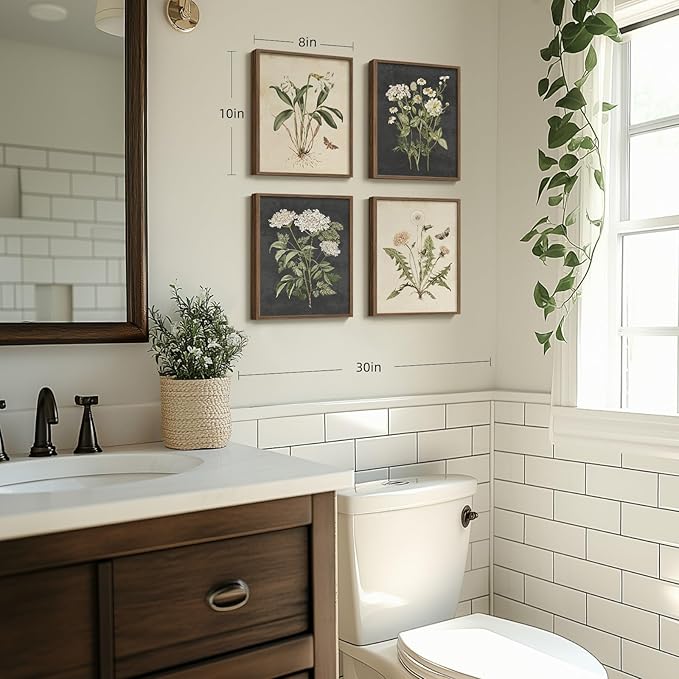 Framed Botanical Wall Art, 4 Piece Vintage Farmhouse Floral Canvas Painting