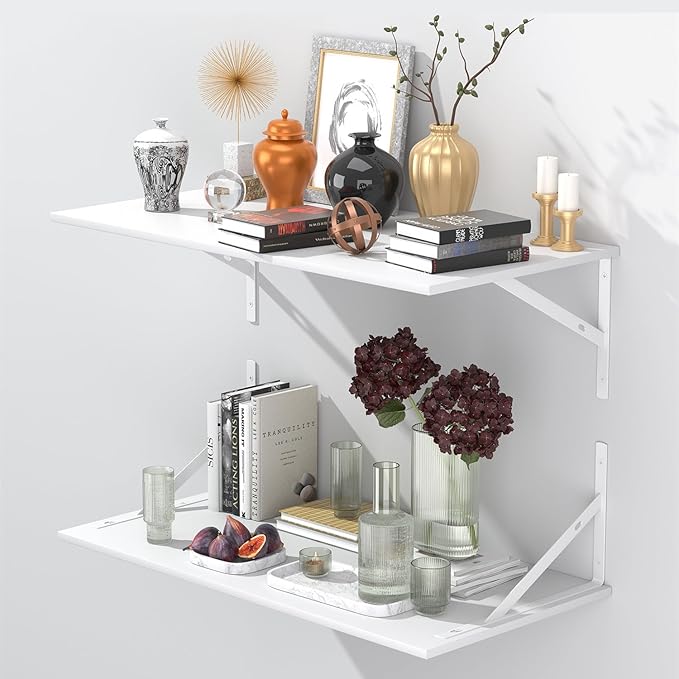 Deep Floating Shelves for Wall Set of 3, 24W x 12 Inch Deep White Floating