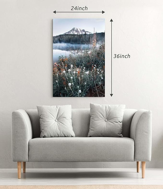 Nature Landscape Canvas Wall Art: Bedroom Home Lake Mountain Scene Picture Decor Modern Foggy Forest Scenic Print Painting Wildflower Natural Artwork for Living Room Office 24 x 36 Inch