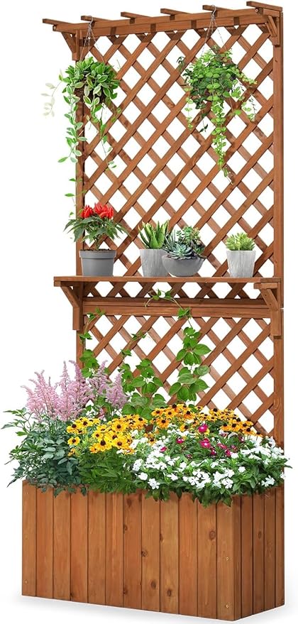 Quictent Raised Garden Bed Wood Planter Box with Lattice Trellis for Vine Climbing Plants Flower Free-Standing, for Patio Garden Indoor Outdoor 29x12x70 in