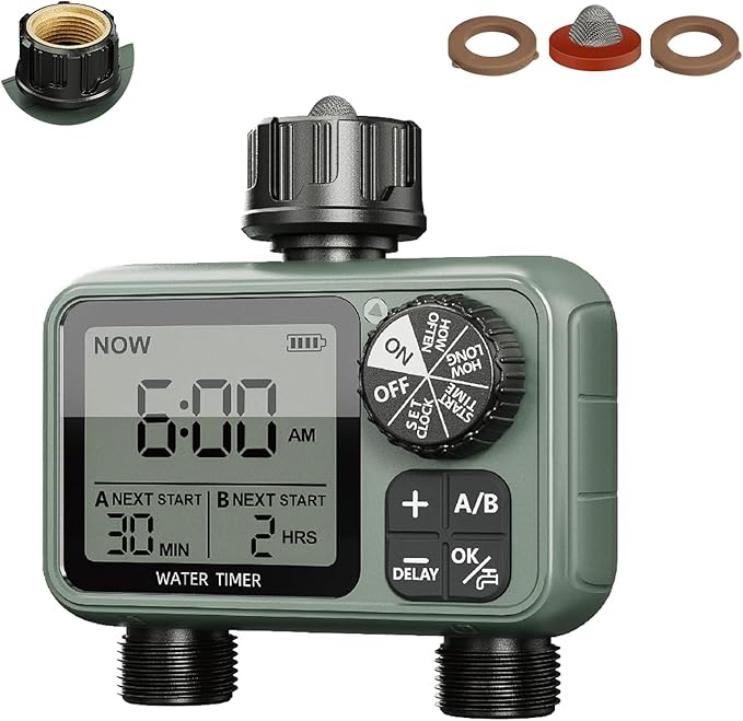 CMARS 2 Zone Sprinkler Timer for Garden Hose â Features Rain Delay, Manual & Automatic Modes, Brass Inlet, Dual Outlet Design, Programmable Watering & Drip Irrigation Ready for Lawn Yard
