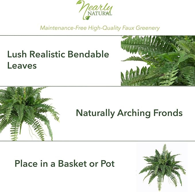 Nearly Natural 40-in Artificial Boston Fern, Large Hanging Fake Plant Wall Decor