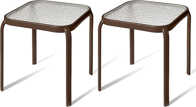 Bronze Metal Outdoor Side Table with Tempered Glass Top Set of 2 â Elegant Small 16" Square Patio Table â Durable Weather-Resistant Coffee Bistro Accent End Table for Outside and Garden
