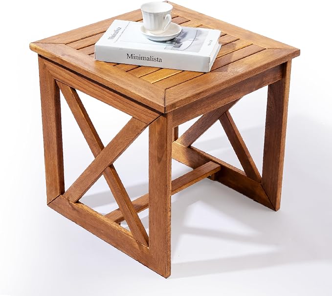 ARROWSTONE 100% Acacia Wood Small Table, Side Table for Indoor & Outdoor Space, Patio, Poolside, Garden, Living Room (X-braced Style)