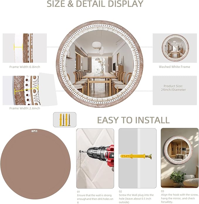 Reflinto 24 Inch Boho Wooden Round Mirror