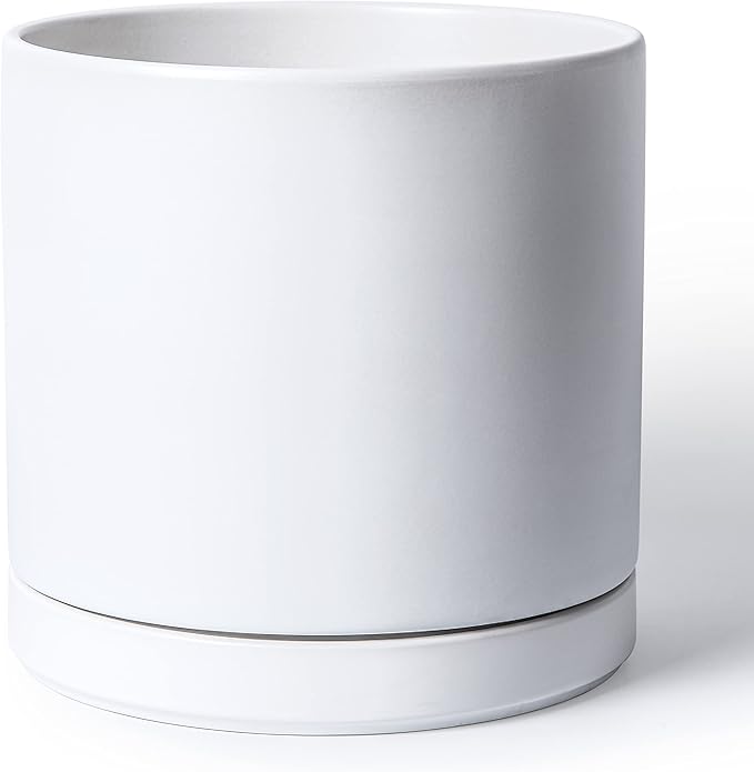 D'vine Dev 12 Inch Ceramic Planter Pot with Drainage Hole and Saucer, Indoor Cylinder Round Planter Pot, White, 94-O-F-1