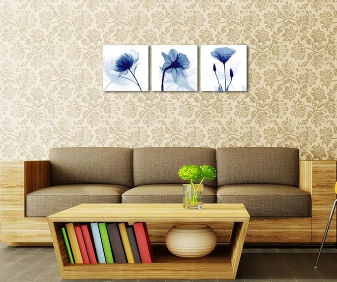 Wieco Art Blue Abstract Flowers 3 Panels Giclee Canvas Prints Wall Art Modern