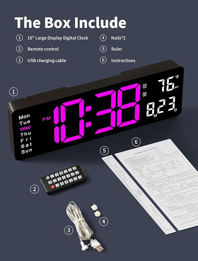 MASHI Digital Wall Clock, Auto-Dimming Wall Clock