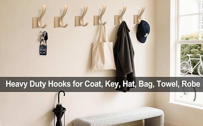 TOFIIGREM Gold Hooks for Wall Double Hooks, Heavy Duty Thick Bathroom Coat