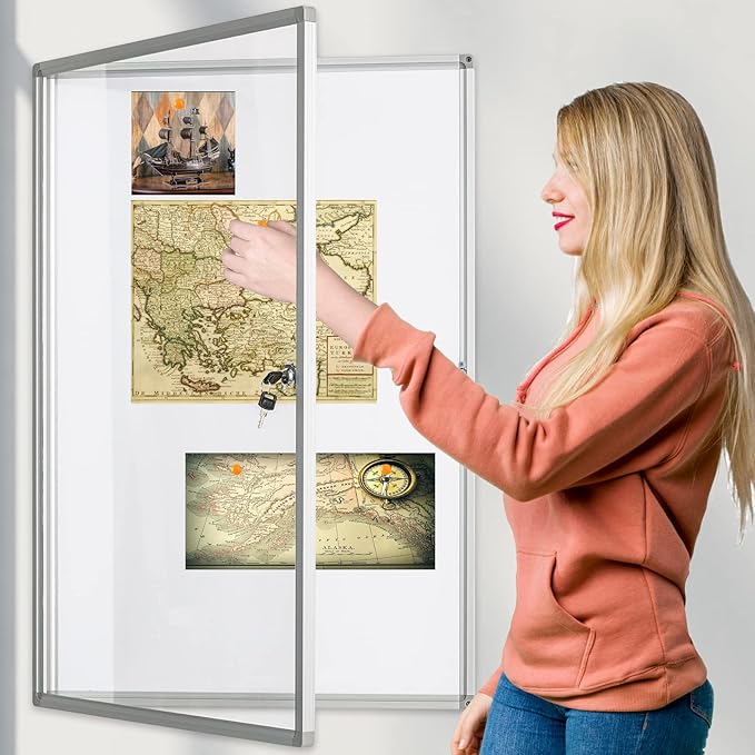 BIBOC 36x24 Inches Lockable Bulletin Boards White Board Frame Enclosed Display Case,with Magnets,for School Message Notice Whiteboard