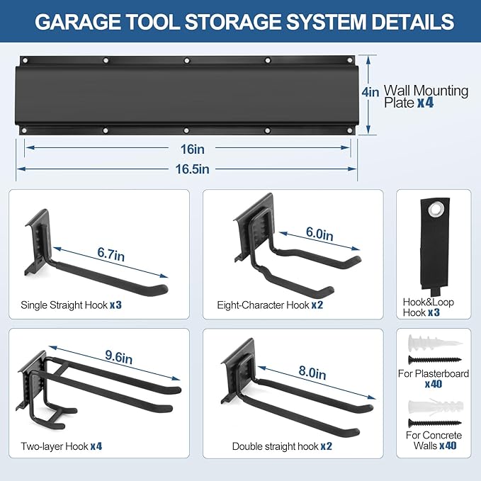 18Pack Garage Tool Organizer Wall Mount, 66'' Garage Wall Tool Organizer with 14 Adjustable Hooks, 750lbs Heavy Duty Garage Accessories for Men, Tool Hangers for Garage Wall Garden Yard Tool Shed