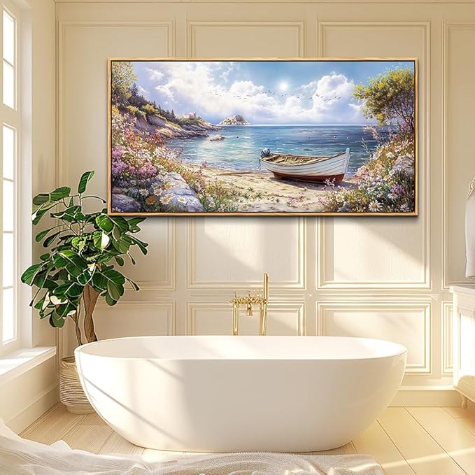 Wood Farmed Canvas Wall Art For Living Room Large Wall Decor For Office Bedroom Decorations The Sea Boat Landscape Pictures Farmhouse Painting Artwork Room Wall Mural Aesthetic Home Decor 30x60 In