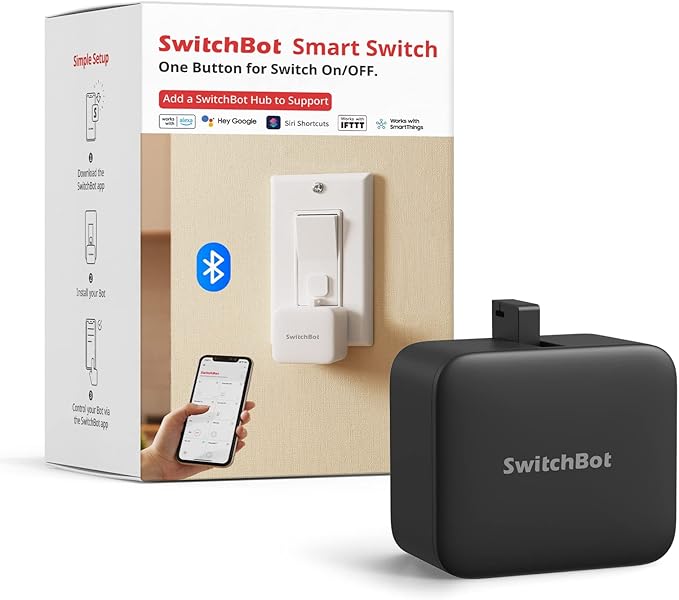 Switchbot Smart Switch Button Pusher (Bluetooth) â Fingerbot for Rocker Switch/One-Way Buttons, App Timer Control, No Wiring, Optional Hub Required for Voice/Remote, Black