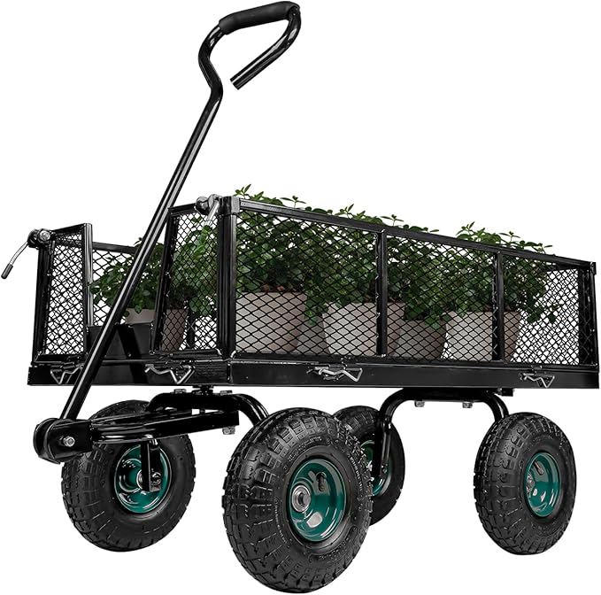 Taifa Heavy Duty Utility Steel Garden Cart 880 Lbs Capacity with Detachable Side Panels Convert to Flatbed for Yard Lawn and Farm, Metal Wagon with 180° Rotating Handle, Black