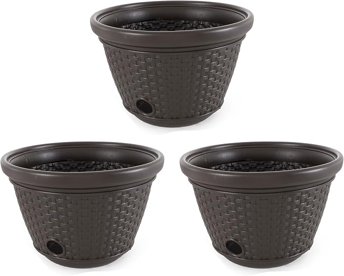 Suncast 3 Pack Decorative Wicker Garden Hose Holder Pot with 4 Drain Holes for 100 Foot Hoses, Java