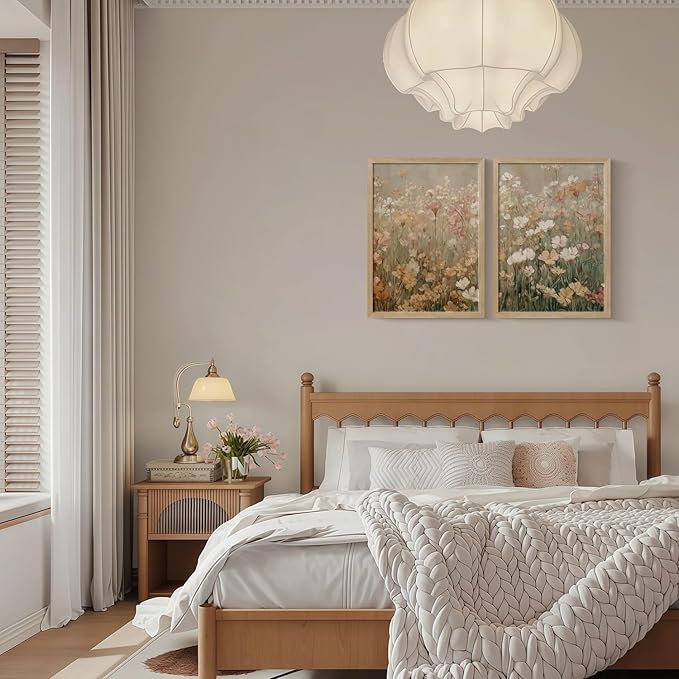 Framed Vintage Canvas Wall Art Modern Floral Poster Picture Countryside Painting Nature Landscape Contemporary Home Print Living Room Gallery Office Ready to Hang 16x24 Inch x2