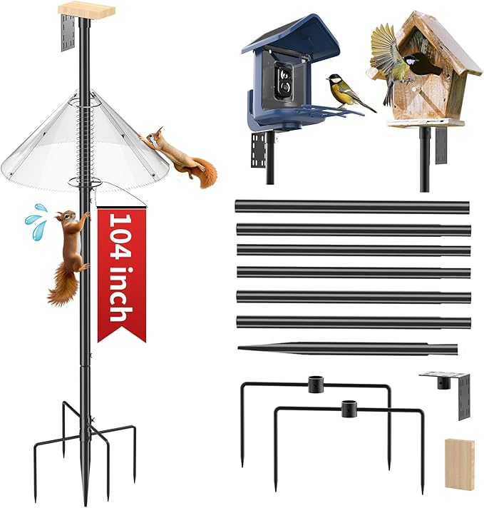 Bird Feeder Pole with Squirrel Baffle - 104 Inch Bird House Pole for Outdoors Heavy Duty, Squirrel Proof Baffle with Stainless Steel Spring for Better Defense, Slip-Fit Connection