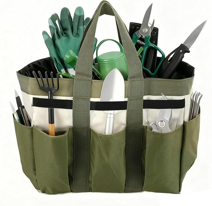 Garden Tool Bag Organizer, Tote Storage Bag with 8 Pocket, Heavy Duty Oxford Garden Tote Caddy, Gardening Tool Kit Holder for Indoor and Outdoor, Gifts for Men Women