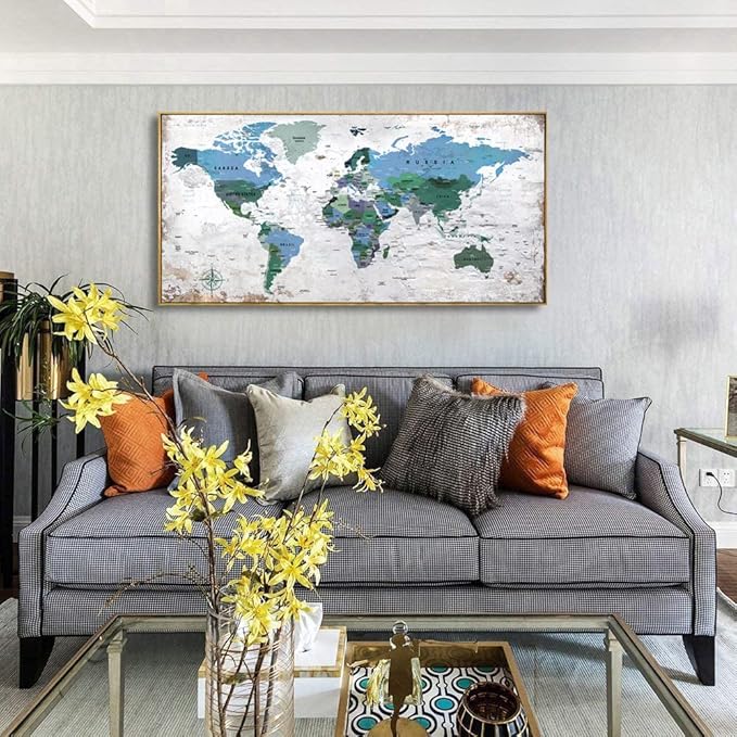 Framed Wall Art World Map Wall Art Canvas Picture 20inchx40inch Large Blue Map