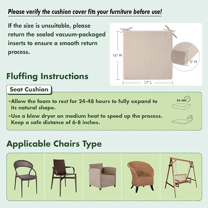 MIULEE Beige Outdoor Chair Cushions Set of 2, 17x16x2 Inch Waterproof Patio Seat Cushions for Outdoor Furniture Couch Sofa, 3 Year Color Fastness High Density Foam with Adjustable Ties