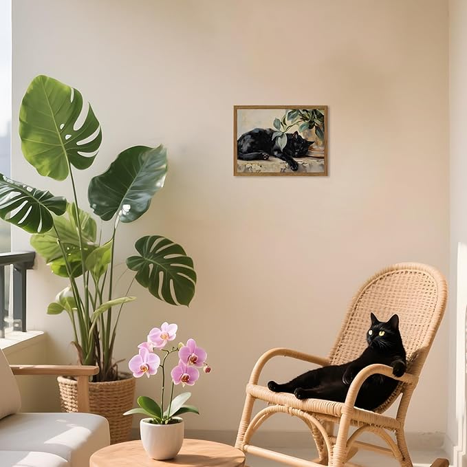Framed Black Cat Canvas Wall Art, Vintage Sleeping Cat