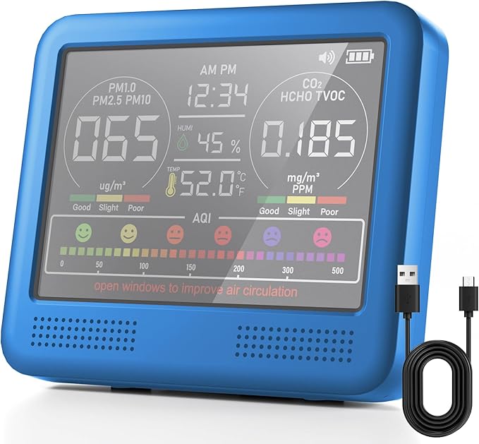 16-in-1 Indoor Air Quality Monitor with PM1.0,PM2.5,PM10,CO2,HCHO,TVOC,Temperature,Humidity,Time Display &7 AQI Alarms â Professional Air Quality Tester for Home, Office & Indoor Use (Lake Blue)