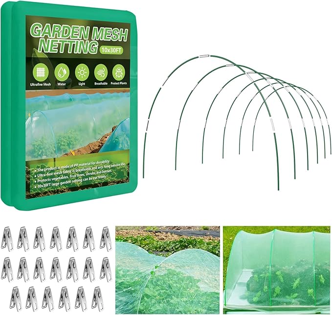 Garden Netting Kit for Raised Beds, 10x30FT Green Ultra Fine Mesh Netting ï¼6 Sets of 8FT Garden Hoops, Insect Netting Row Cover Net Protect Plants Vegetable Fruits Flowers