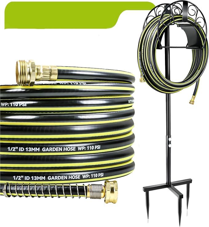 Freestanding Garden Hose Holder, Come with 50FT Water Hose 1/2", Heavy Duty Anti-Rust Hose Hanger for Outdoor Hose Storage
