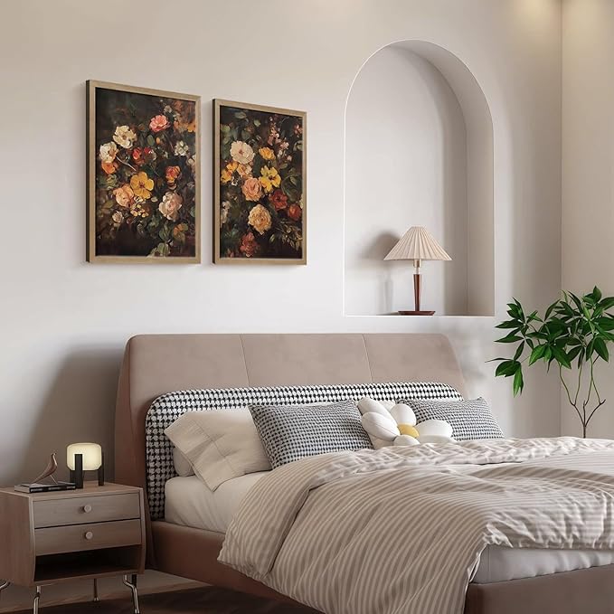 Framed Vintage Canvas Wall Art Classic Floral Oil Painting Style Poster Picture Countryside Painting Nature Scenery Modern Home Print Living Room Gallery Office Ready to Hang 16x24 Inch x2