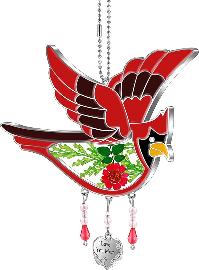 KY&BOSAM Cardinal Suncatcher I Love You Mom Glass Hangings for Windows Wind Chime Ornament with Hand Painted Real Flower and Metal Heart Charm Birthday Gifts for Women Mom Mother's Day