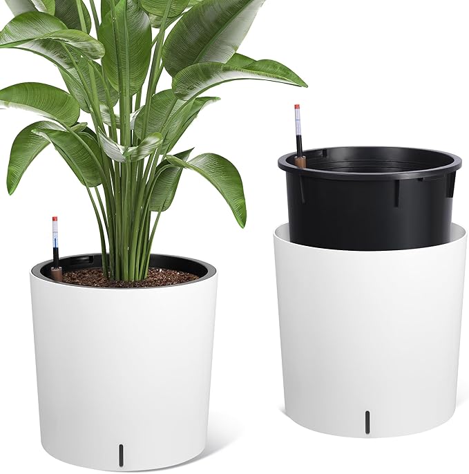 Tall Round Planter Set of 2, 19.5ââ H x 19.9" Dia Large Planters for Indoor Plants with Built-in Drainage and a Water Level Monitor and Wheels for Patio, Porch, Living Room, or Home Office, White