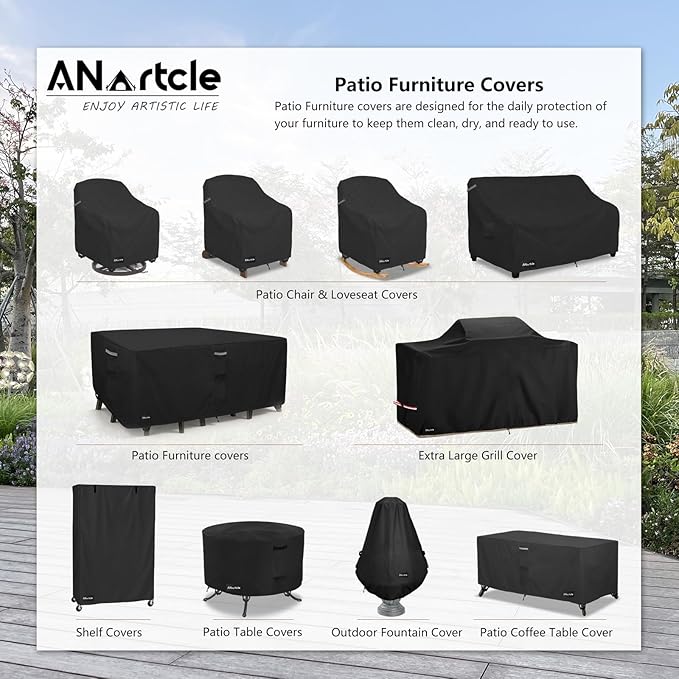 ANartcle Patio Furniture Covers 126L x 74W x 28H inch,600D Waterproof Heavy Duty Outdoor Furniture Covers,Outdoor Wicker Furniture Set with Swivel Patio Chairs General Purpose Furniture Cover,Black