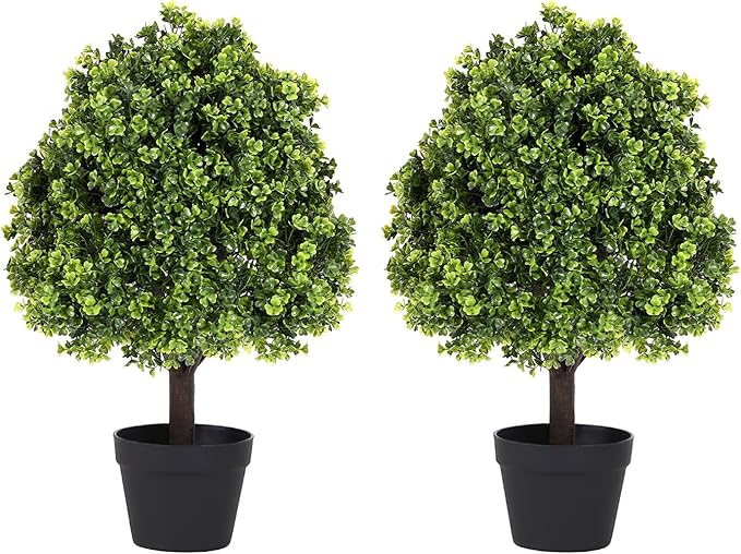 27â Realistic Artificial Boxwood Topiary Trees Set of 2, Faux Boxwood Plants Outdoor UV-Resistant, No Maintenance Curb Appeal Fake Evergreen Bushes & Shrubs for Front Porch Outside Planter Decor