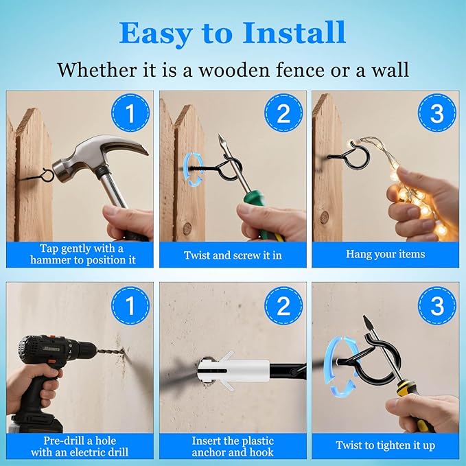 12 Pack Black Screw Hooks with Safety Buckle - 2.3 Inch Rustproof Eye Ceiling Hooks for Hanging Plants,Outdoor String Lights,Baskets,Christmas Lights & Decor,40lb Capacity (12, Black)
