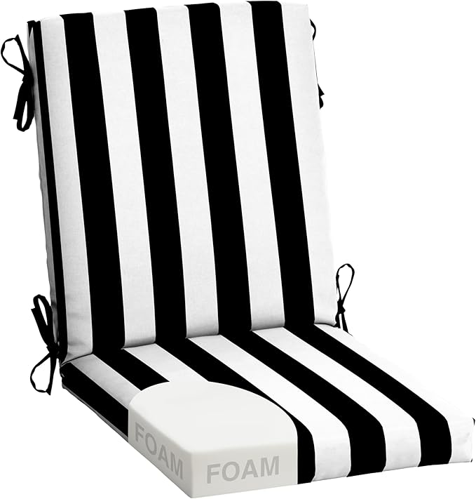 Arden Foam Outdoor Dining Chair Cushion, 20 x 44, Premium High-Density Foam, Never Flattens, Weather-Proof for Outdoor Chairs, Black Cabana Stripe