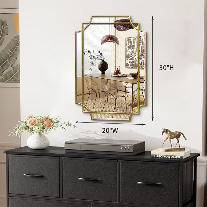 HQiJun 30x20 Inch Gold Bathroom Mirror, Wooden Frame