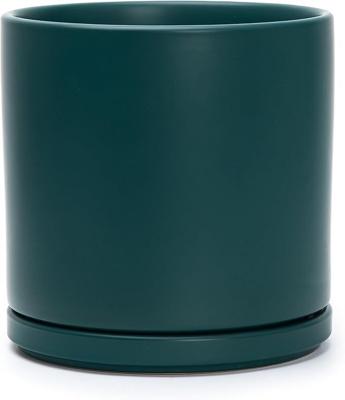 D'vine Dev 8 Inch Ceramic Planter Pot with Drainage Hole and Saucer, Indoor Cylinder Round Planter Pot, Teal, 94-O-D-9