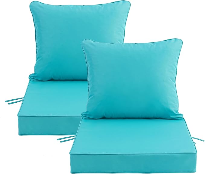 19x19 Inch Patio Chair Cushions Set of 2, Outdoor Furniture Cushions - Removable Cover, Water-Repellent, Fade-Resistant, Non-Slip Bottom & Straps, Replacement for Lawn, Porch & Deck Chair - Teal