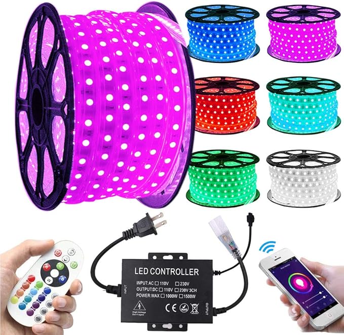 LED Strip Lights, WiFi 110-130V RGB Dimmable Waterproof 5050 60 LED/m Light Strip with 1500W Controller, Compatible with Alexa, Google Home, iOS & Android Music Time Control System(50ft/15m)