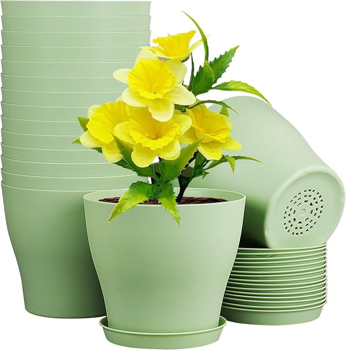 6 inch Plastic Nursery Pots, Seedling Pots, 16 Pack Plant Pots for Small Indoor Outdoor Plants, Flower Pots with Drainage Holes and Saucers, Decorative Planters for House Plants, Green