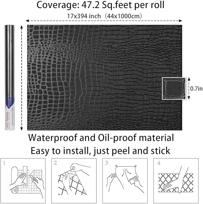 Arthome 17"×393" Black Crocodile Peel and Stick Wallpaper, Charcoal Black