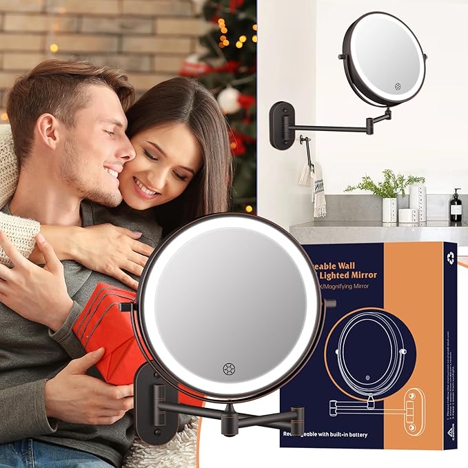 5000mAh Rechargeable Wall Mounted Lighted Makeup Vanity Mirror Double Sided 1X