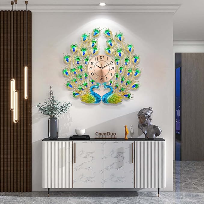 Large Peacock Wall Clock Silent Non-Ticking, 3D Creative Luxury Decorative Wall