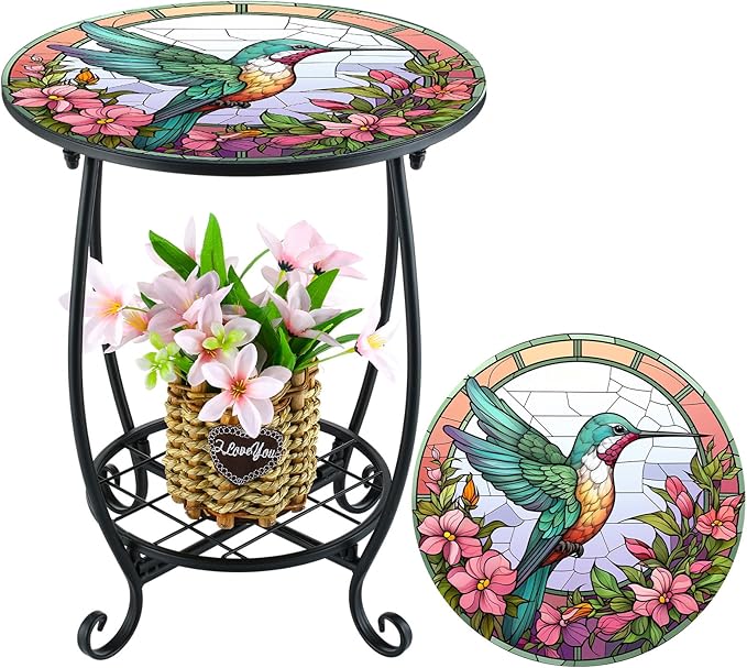 Cinnvoice Outdoor Side Table Round Small Mosaic Patio Accent Indoor End Plant Coffee Tea Table for Yard Patio Porch Garden Living Room, Bedroom(Hummingbird Style,14 Inch)