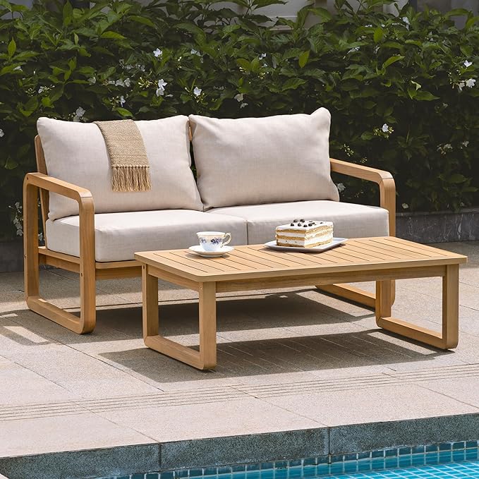 Idzo Ivy Loveseat with Coffee Table â Beige Fabric, 2-Seater Outdoor Sofa Set for Balcony, Patio or Garden â Stylish Love Seat Couches for Small Spaces
